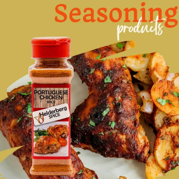 Portuguese chicken spice with half chicken and wedges Helderberg Spice supplied by Spices Galore