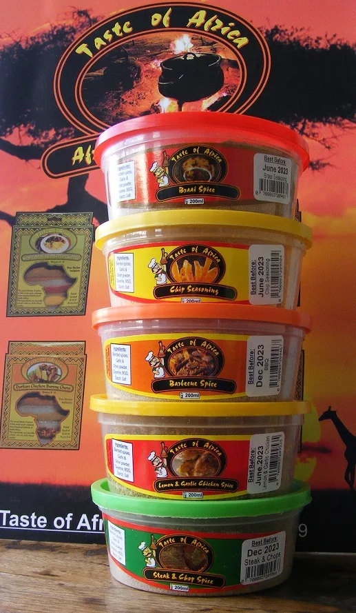 two hundred gram spice tubs Taste of Africa trade mark